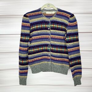 Fenn Wright & Manson Vintage Striped Gray Multicolor Cardigan Shetland Wool S-M